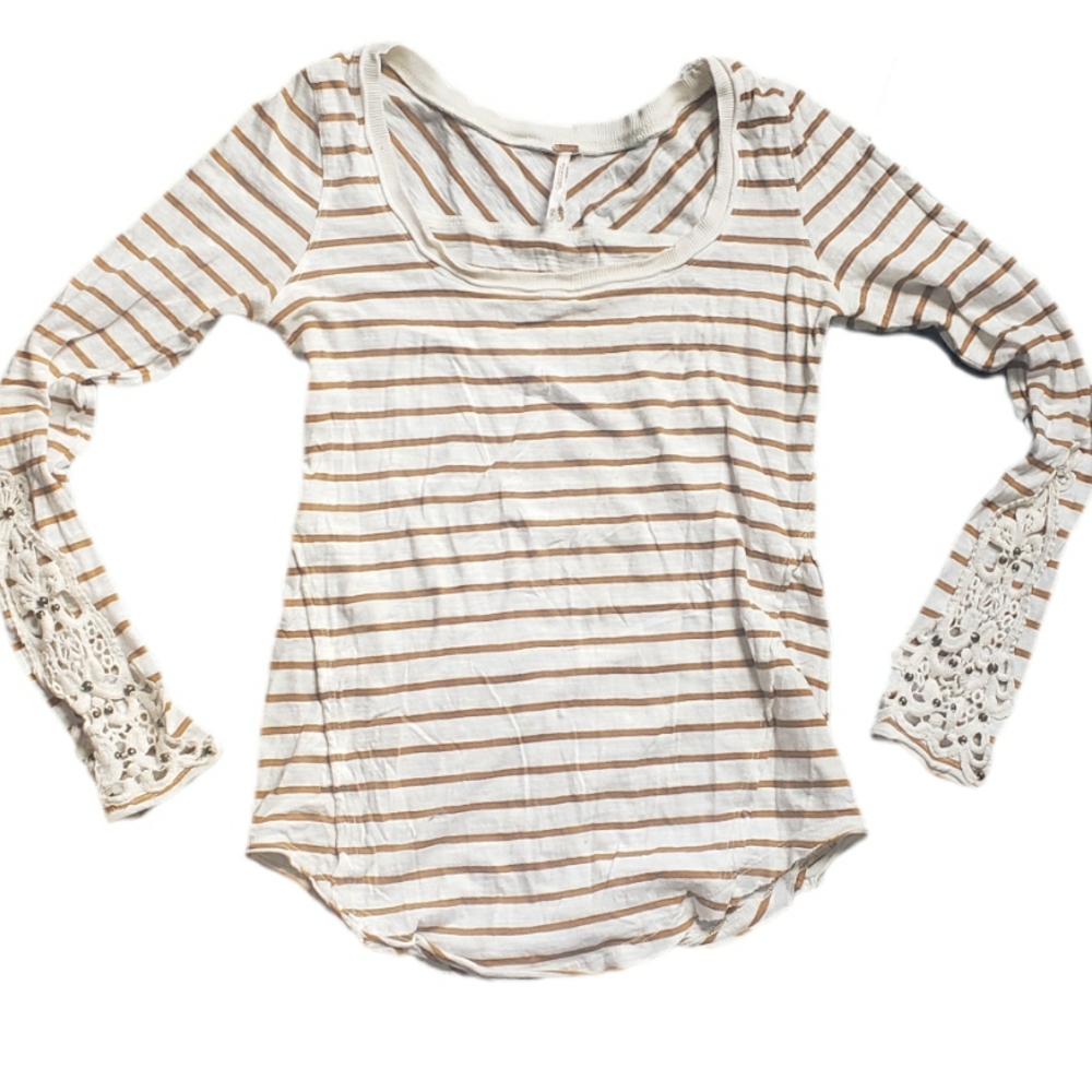 Free People Striped Long Sleeve Top w/ Western Chloe Vibes Lace Arm Detail